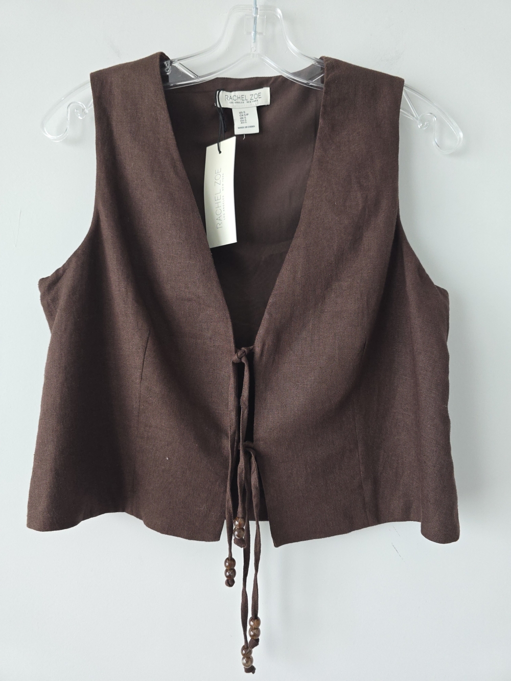 Rachel Zoe Linen Blend Vest S Brown Tie Front NWT